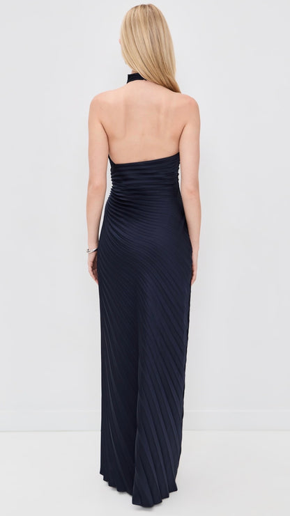 ALC Romy Halter Pleated Satin Gown Maxi Dress