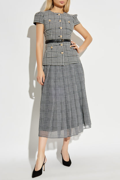 Grey Houndstooth Pleated Short Sleeve Tailored Midi Dress