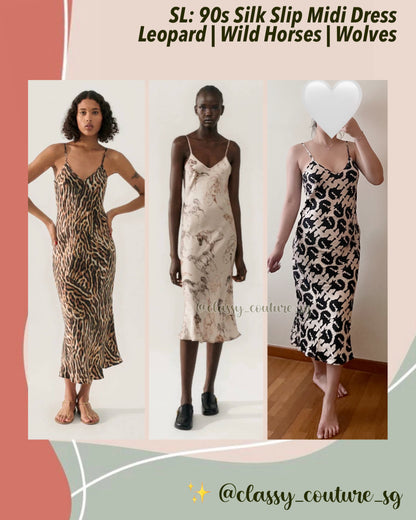 (PART 2/2) SL 90s Silk Slip Midi Dress Animal Prints: Wolves, Leopard, Wild Horses