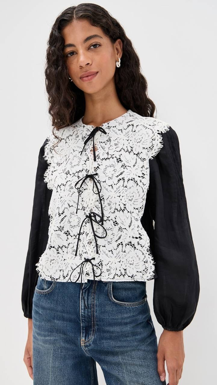 SE Norabelle Ramie Long Sleeve Top with Cotton Lace Overlay