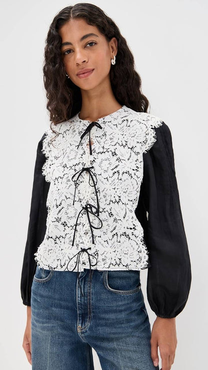 SE Norabelle Ramie Long Sleeve Top with Cotton Lace Overlay