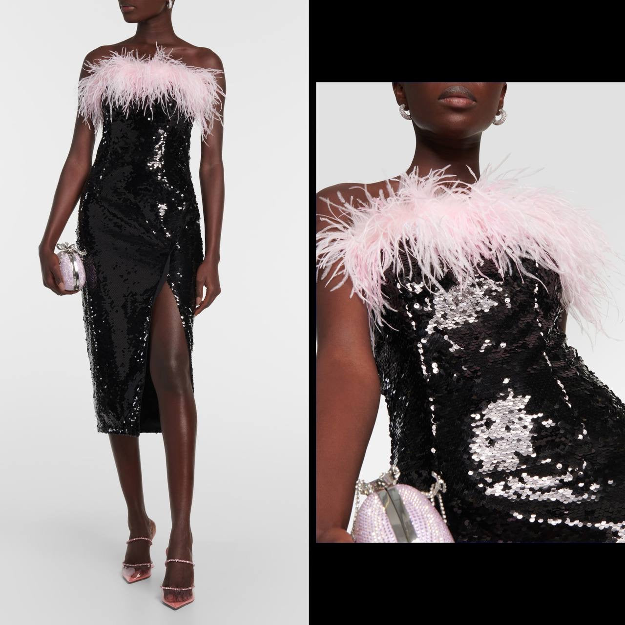 SP Pink Feather Trimmed Black Sequinned Midi Dress