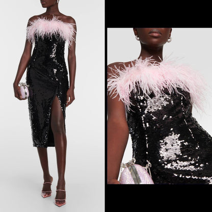 SP Pink Feather Trimmed Black Sequinned Midi Dress