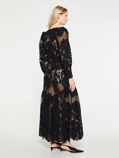 ML Penny Sheer Long Sleeve Cotton-Blend Lace Midi Maxi Dress in Black