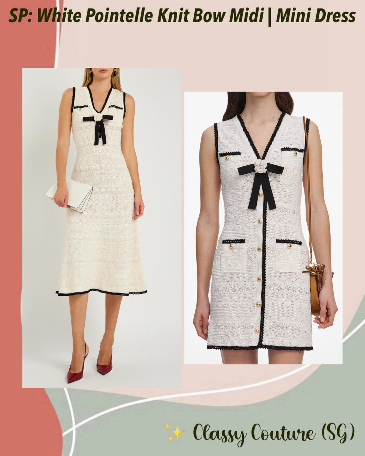 SP White 3D Rosette Pointelle Cotton-blend Knit Contrast Bow Mini | Midi Dress