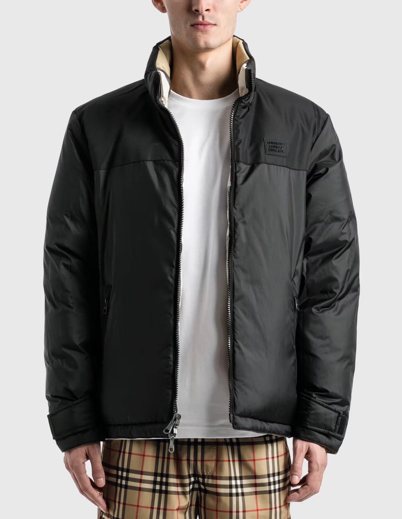 BBR Men’s / Unisex Reversible Check Nylon Puffer Hooded Jacket (Down feather-filled)