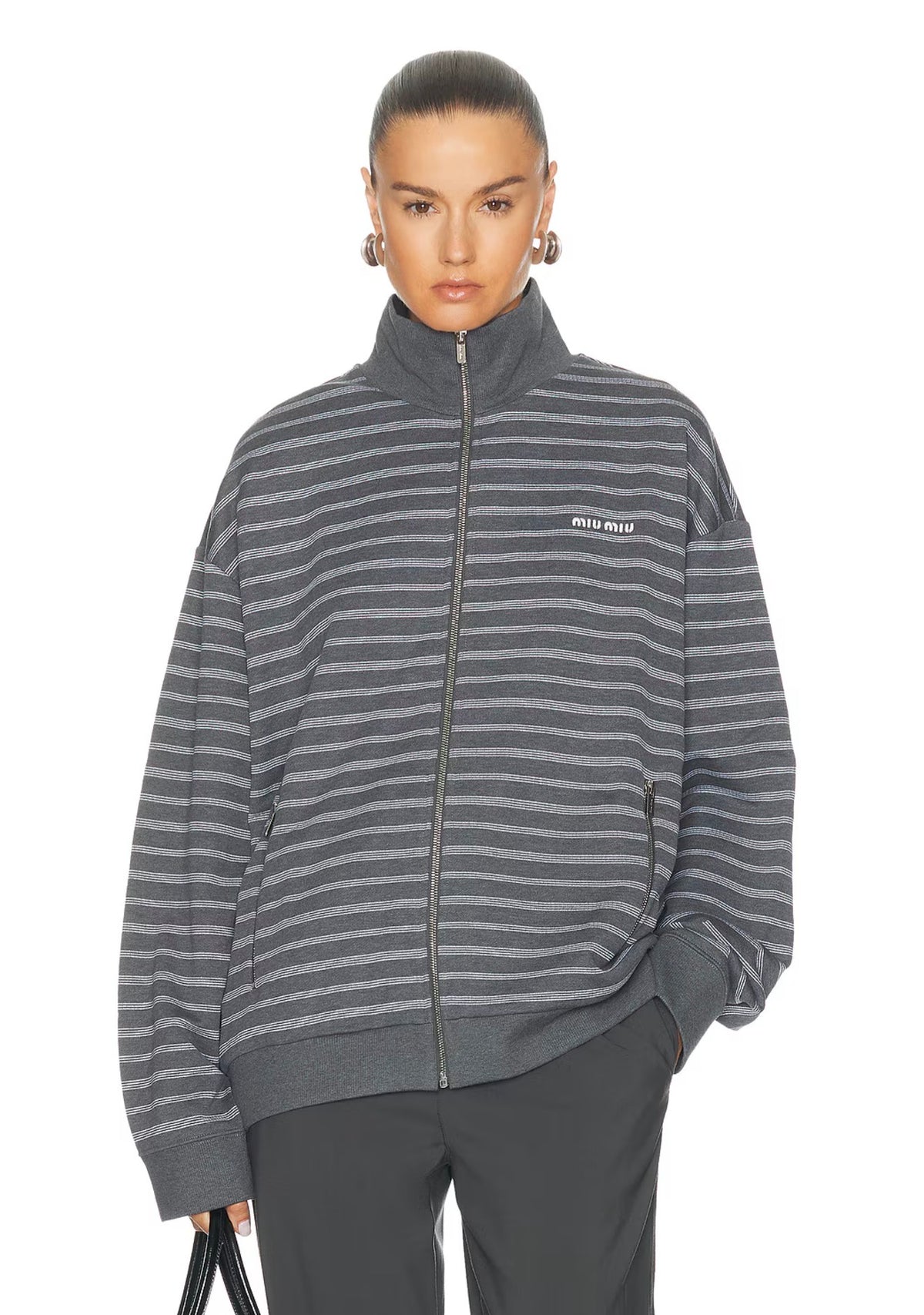 MM Grey White Striped Cotton Fleece Jacket