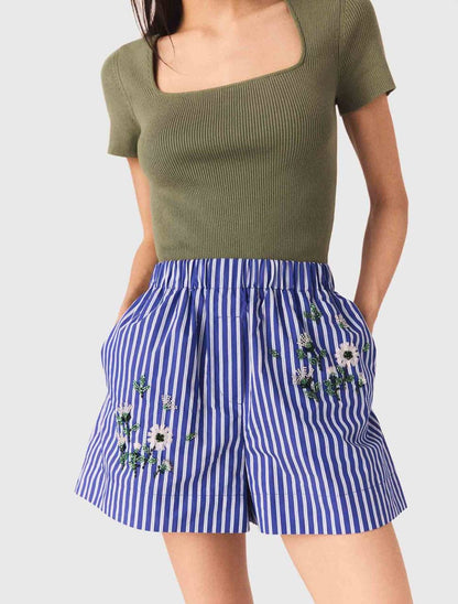MJ Embroidered Bead Sequin Stripe Shirt | Shorts | Cotton-blend Set