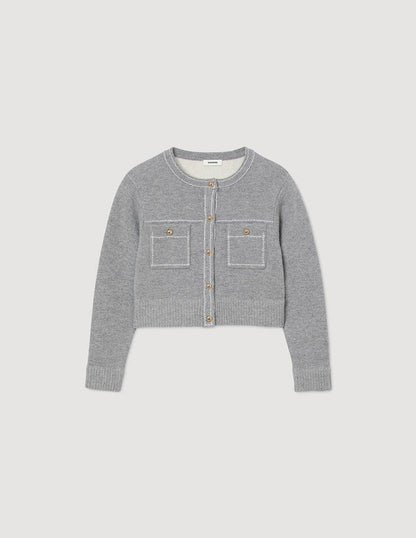 SD Grey Wool-Blend Cardigan With Contrast Stitching