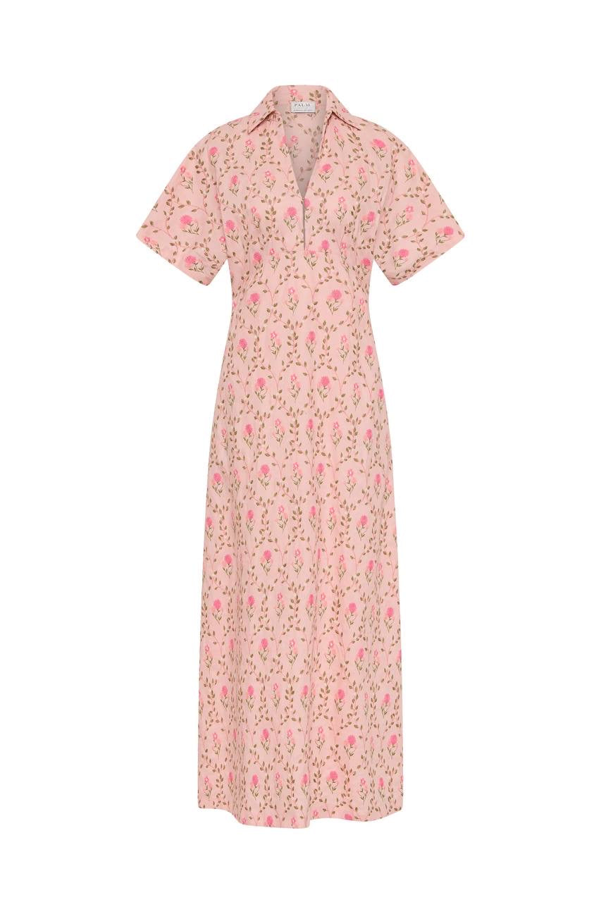 PN Ava Linen-cotton Midi Maxi Dress in Luxembourg Tile Pink Floral