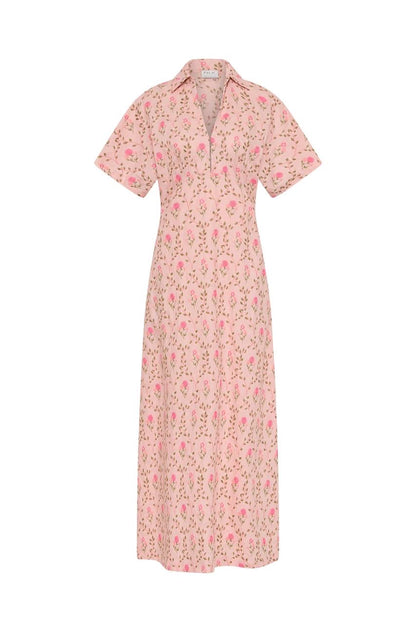 PN Ava Linen-cotton Midi Maxi Dress in Luxembourg Tile Pink Floral