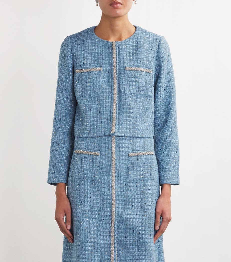 MJ Vilya Blue Cropped Embellished Tweed Jacket Blazer
