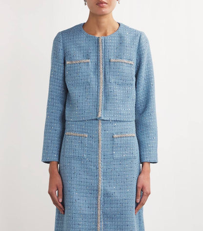 MJ Vilya Blue Cropped Embellished Tweed Jacket Blazer