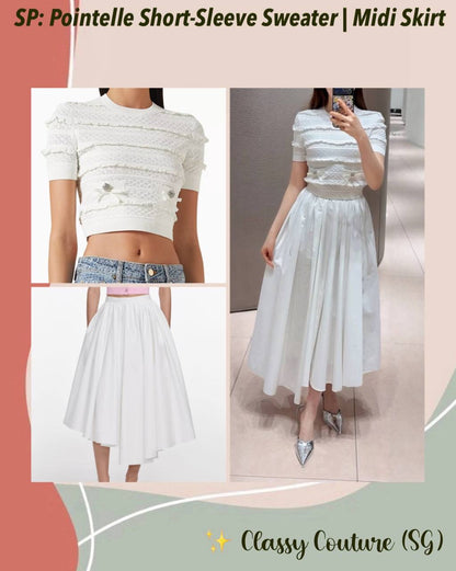 SP White Pointelle Short-Sleeve Sweater Top | Midi Skirt | Set
