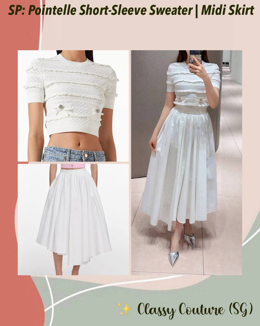 SP White Pointelle Short-Sleeve Sweater Top | Midi Skirt | Set