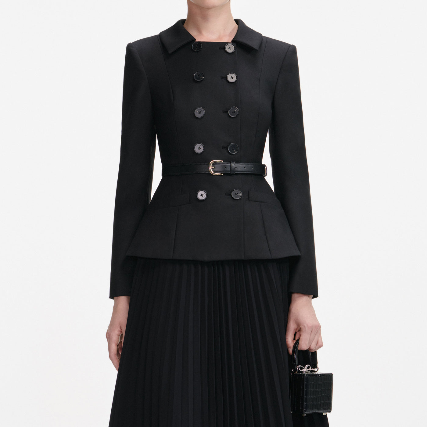 SP Black Wool Crepe Long Sleeve Chiffon Belted Midi Dress