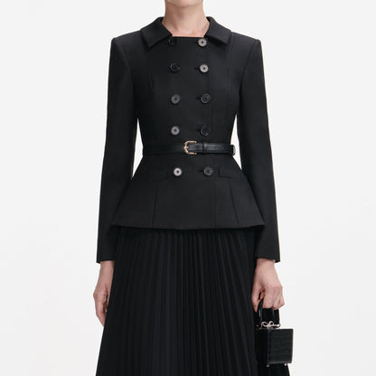 SP Black Wool Crepe Long Sleeve Chiffon Belted Midi Dress