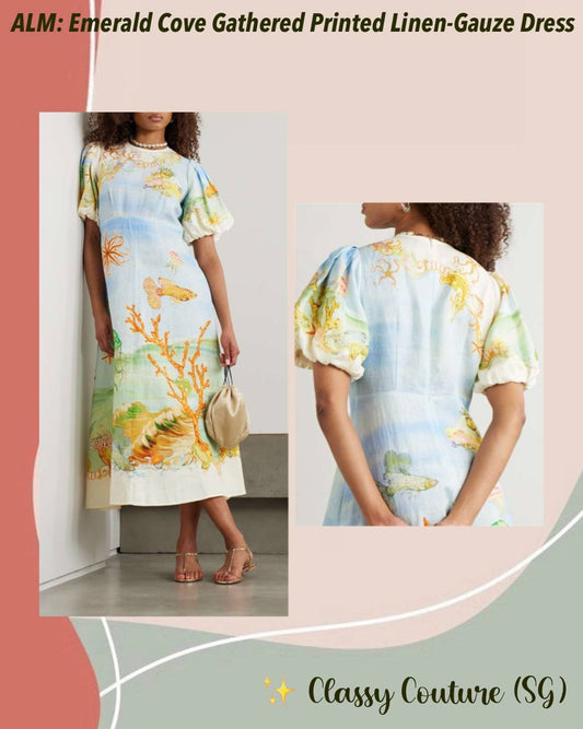 ALM Emerald Cove Printed Puff Sleeve Linen Midi Dress