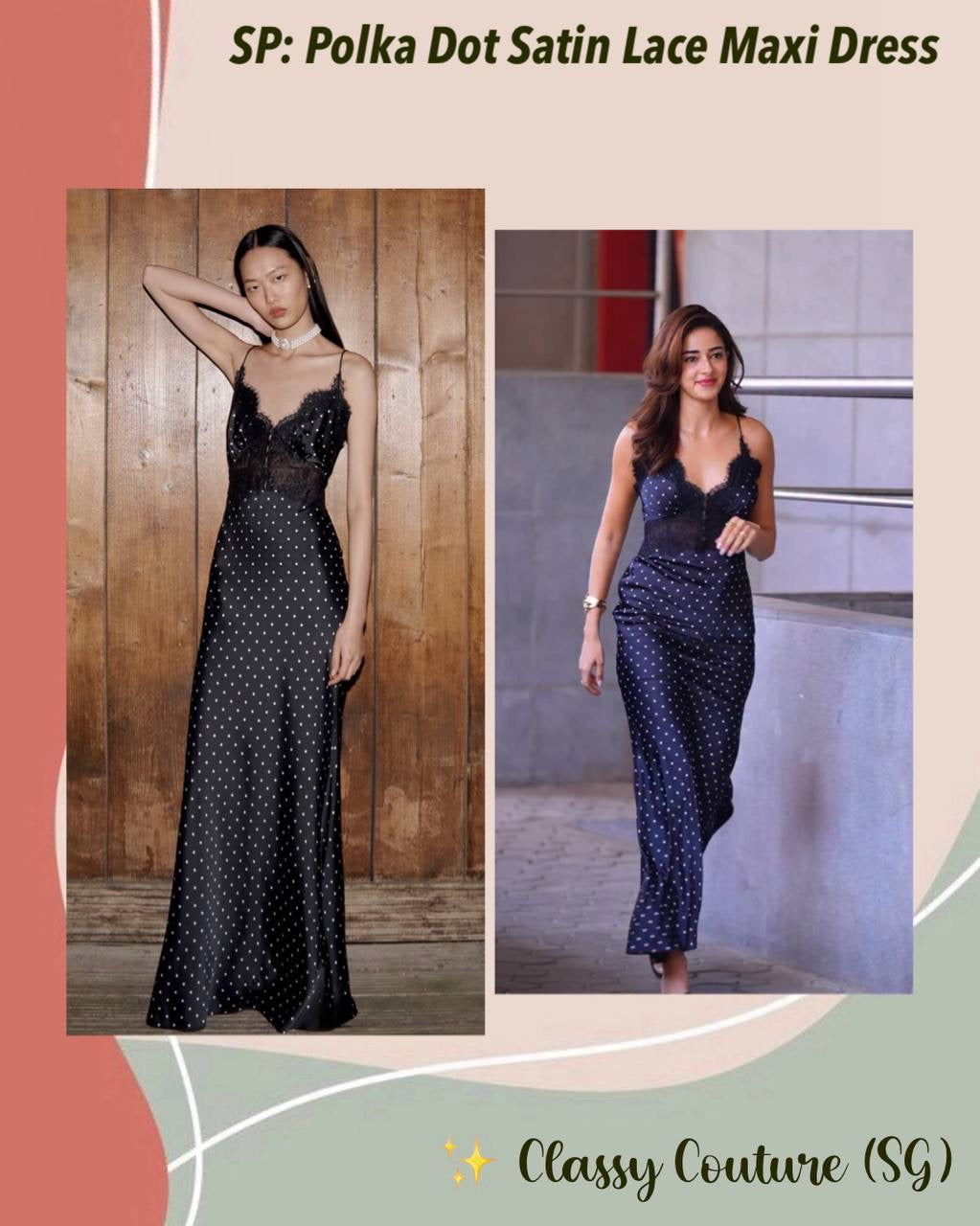 SP Polka Dot Satin Lace Strappy Maxi Dress