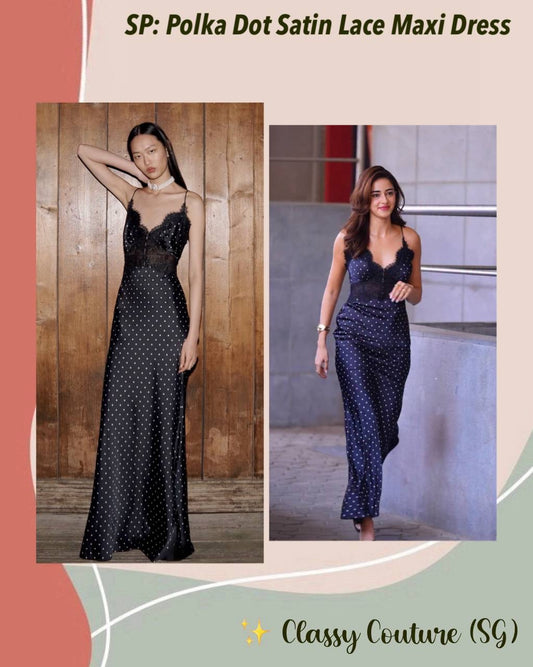 SP Polka Dot Satin Lace Strappy Maxi Dress