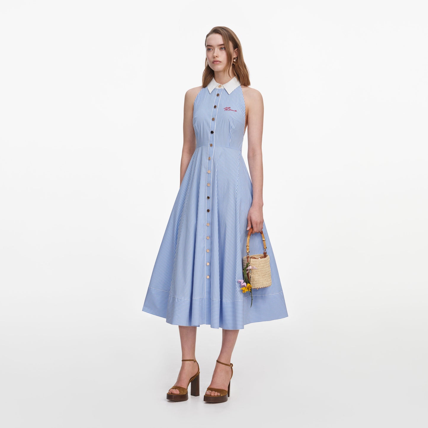 SP Blue Striped Collar Sleeveless Cotton Midi Dress