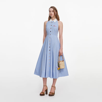 SP Blue Striped Collar Sleeveless Cotton Midi Dress