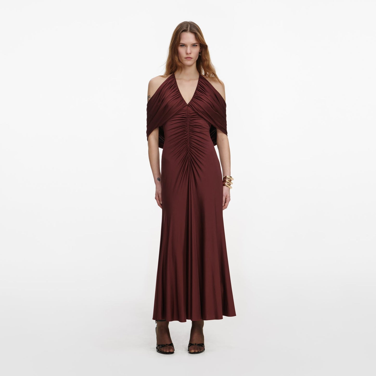 SP Brown Jersey Halter Off-Shoulder Drape Viscose-Blend Midi Dress
