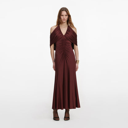 SP Brown Jersey Halter Off-Shoulder Drape Viscose-Blend Midi Dress