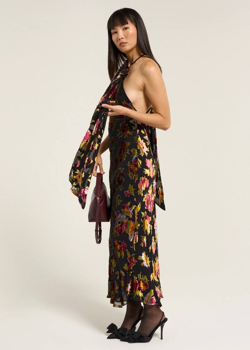 RX Harlan Velvet Devoré | Hayley Viscose-Silk Halter Midi Dress
