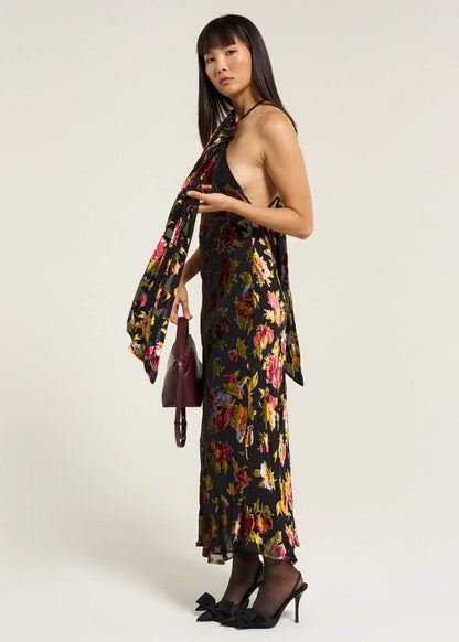 RX Harlan Velvet Devoré | Hayley Viscose-Silk Halter Midi Dress