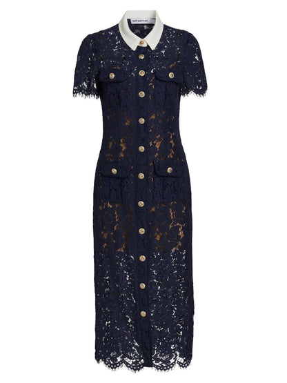 SP Navy Blue Lace Contrast Collar Midi Dress