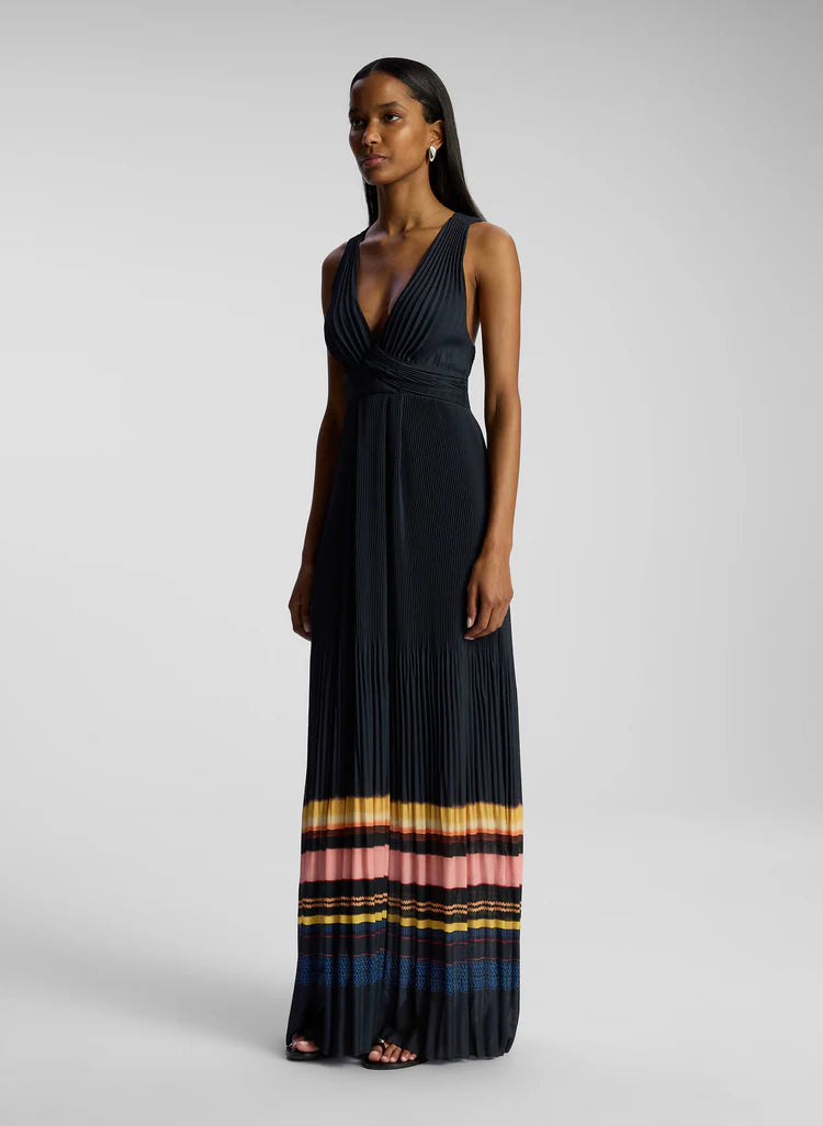 ALC Everly Pleated Maxi Gown Dress in Navy Stripe