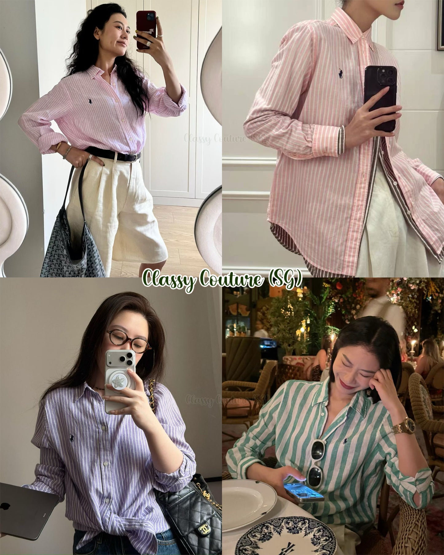 RL Wide Cropped Striped Linen Shirt with Navy blue Pony Embroidery