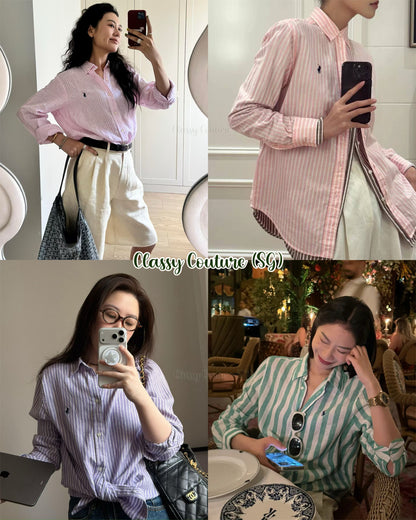 RL Wide Cropped Striped Linen Shirt with Navy blue Pony Embroidery