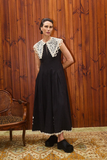 ALM Apollonia Lace Collar Viscose-Linen Midi Dress