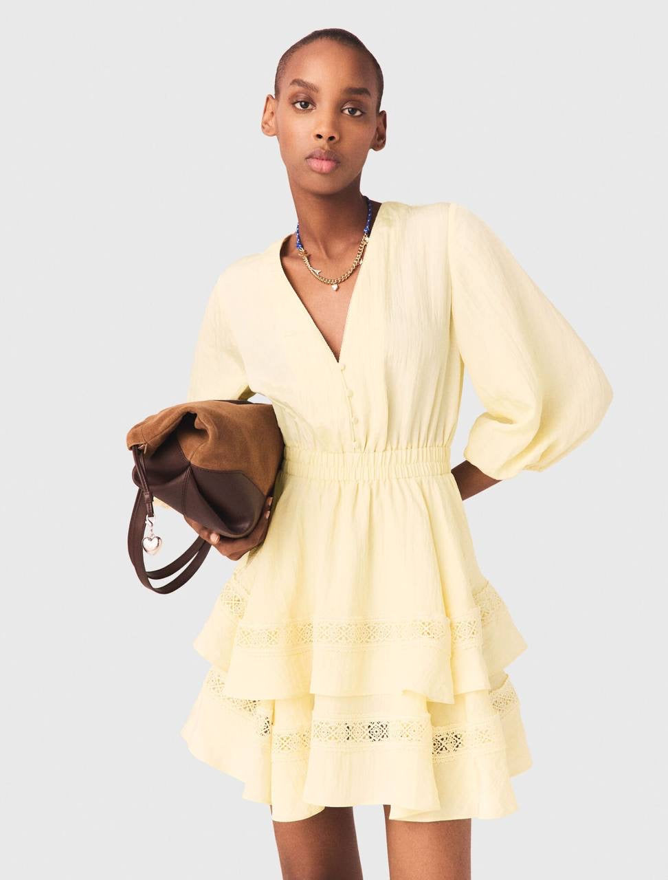 MJ Rapapamy Yellow Short V-Neck Ruffled Mini Dress