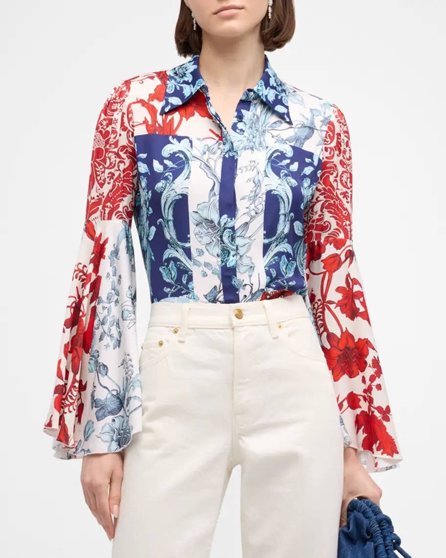 AO Willa Fitted Placket Bell-Sleeve Stretch-Silk Top