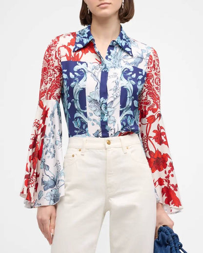 AO Willa Fitted Placket Bell-Sleeve Stretch-Silk Top