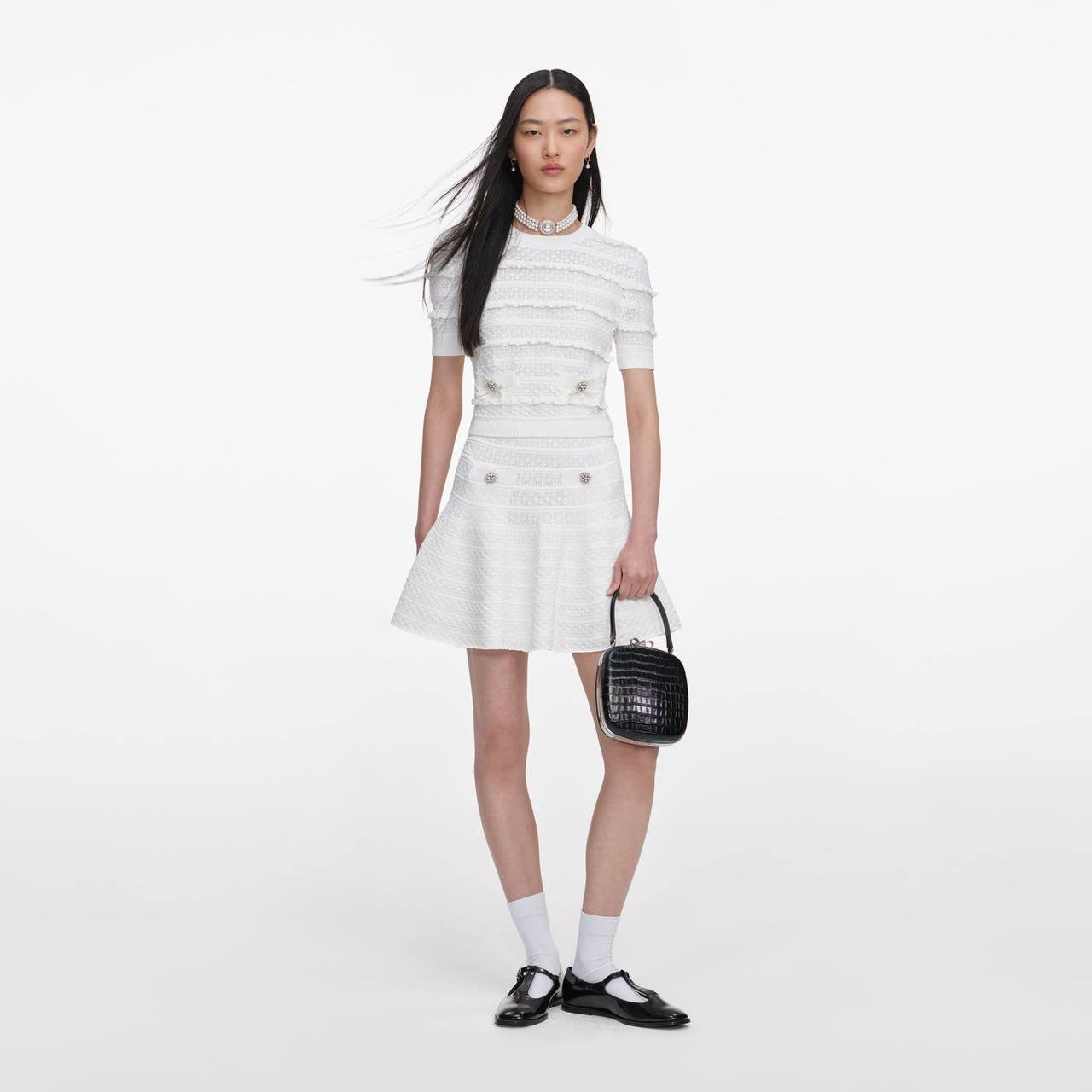 SP White Pointelle Short-Sleeve Sweater Top | Midi Skirt | Set