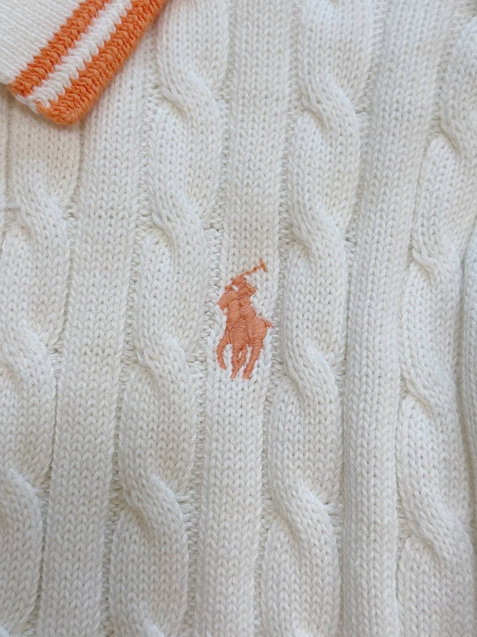 RL Long Sleeve Cotton-blend Cable Knit Polo Open Placket Contrast Sweater Jumper
