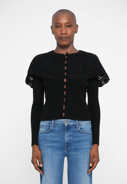SE Black Nara Crochet Long Sleeve Cardigan Top With Capelet