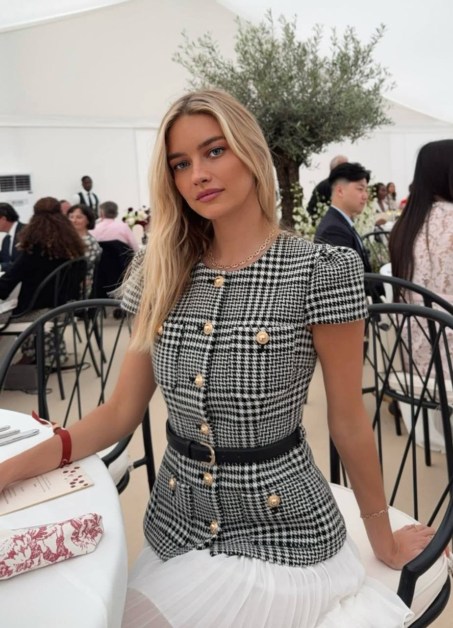 SP Grey Houndstooth Pleated Belted Short Sleeve Mini Dress | Tailored Midi Dress