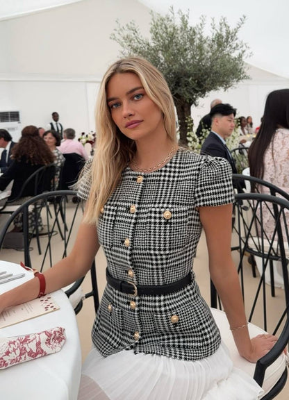 SP Grey Houndstooth Pleated Belted Short Sleeve Mini Dress | Tailored Midi Dress
