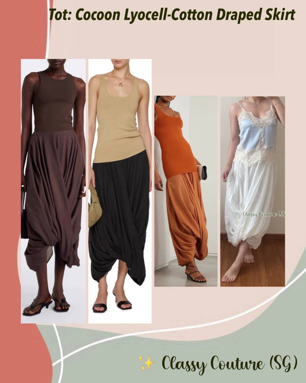 4 Colors! Tot Cocoon Lyocell-Cotton Draped Midi Maxi Skirt
