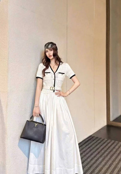 White Cotton-blend Pointelle Knit Drop-waist Midi Dress