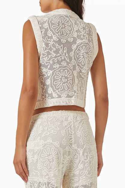 MJ Laros Guipure Lace Sleeveless Jacket Vest Top | Paros Trousers Pant | Cotton Set