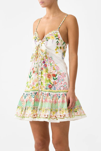 CM Tie Front Bow-Detail Floral Cotton Mini Dress With Hem Ruffle