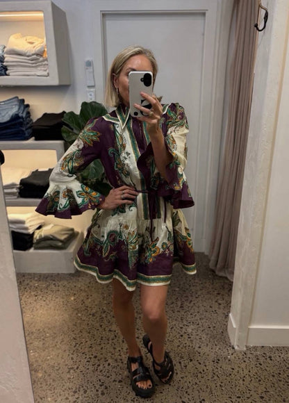 ALM002 Plum/Green Paisley Linen Shirtdress Mini Dress | Midi Dress