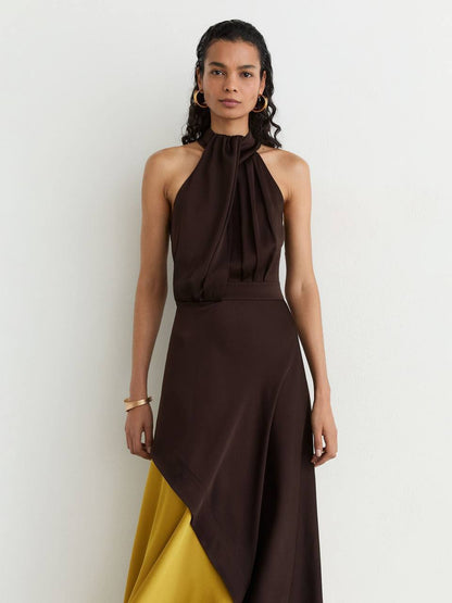 RS Bianca Colour-Block Layered Midi Dress in Brown/Yellow/Cream