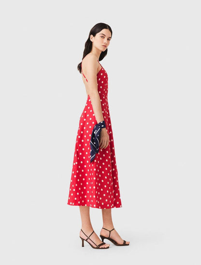 MJ Backless Linen-Blend Red Polka Dot Maxi Dress